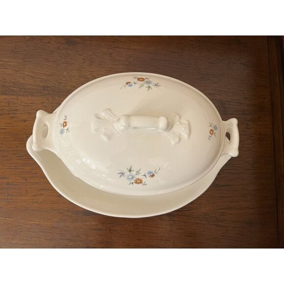 Vintage Ceramic Oval Dish Tureen With Lid With Plate Flower Design 7.5” x 5.5” - Picture 3 of 12